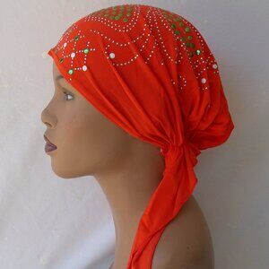 Orange Pre-Tied Stud Chemo Cap Slip On Bonnet Hijab Undercap #2